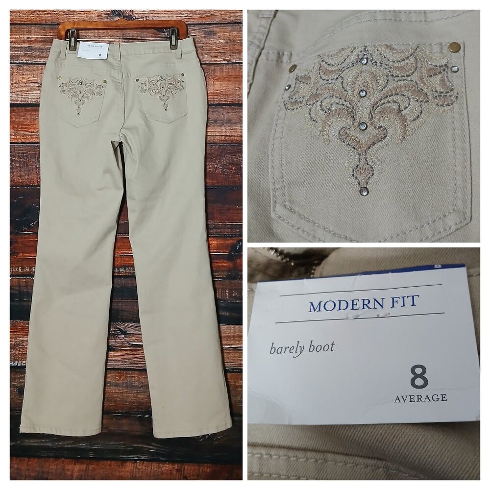 NWT Christopher & Banks Jeans 8 Khaki Modern Fit Barely Boot Embroidered Stretch